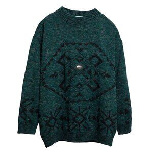 obermeyer (Germany) Intarsia Melange Wool 1x1 Rib Knit Studded Jumper Emerald